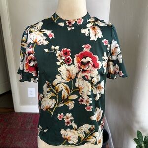 SHEIN Green Floral Print Short Sleeve Blouse in S